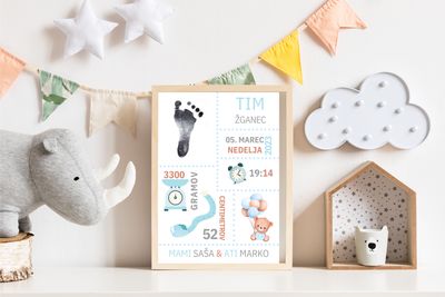 Grafika z rojstnimi podatki in set za odtis - medvedek sedi z balončki moder 1