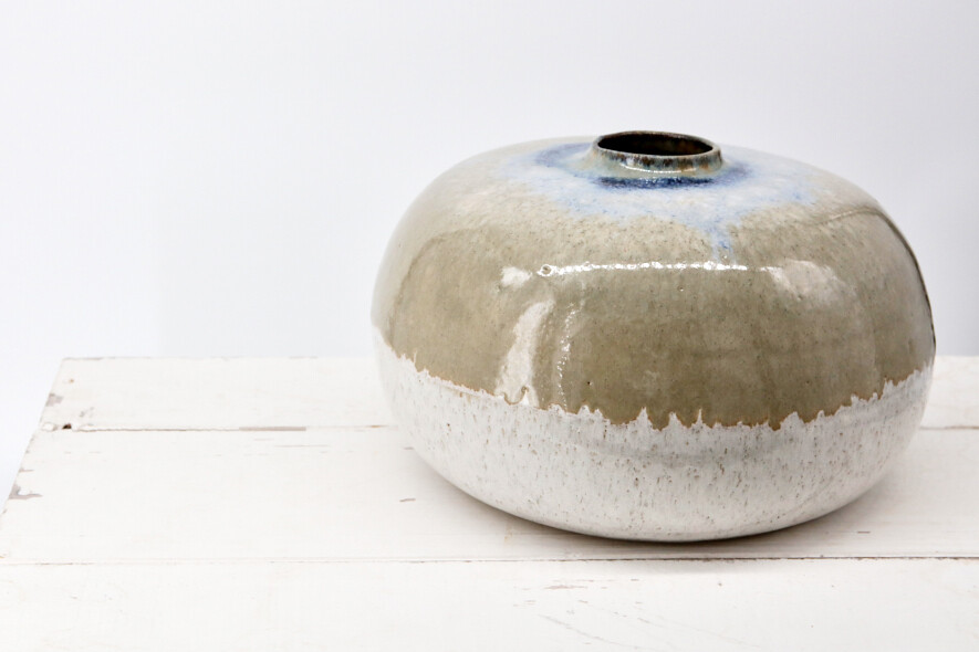 Pebble Vase - Flecked white, mottled green and peacock blue pebble vase.