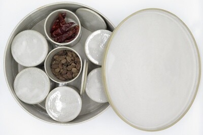 Masala Dabba in flecked white. Masala Dabba in flecked white.