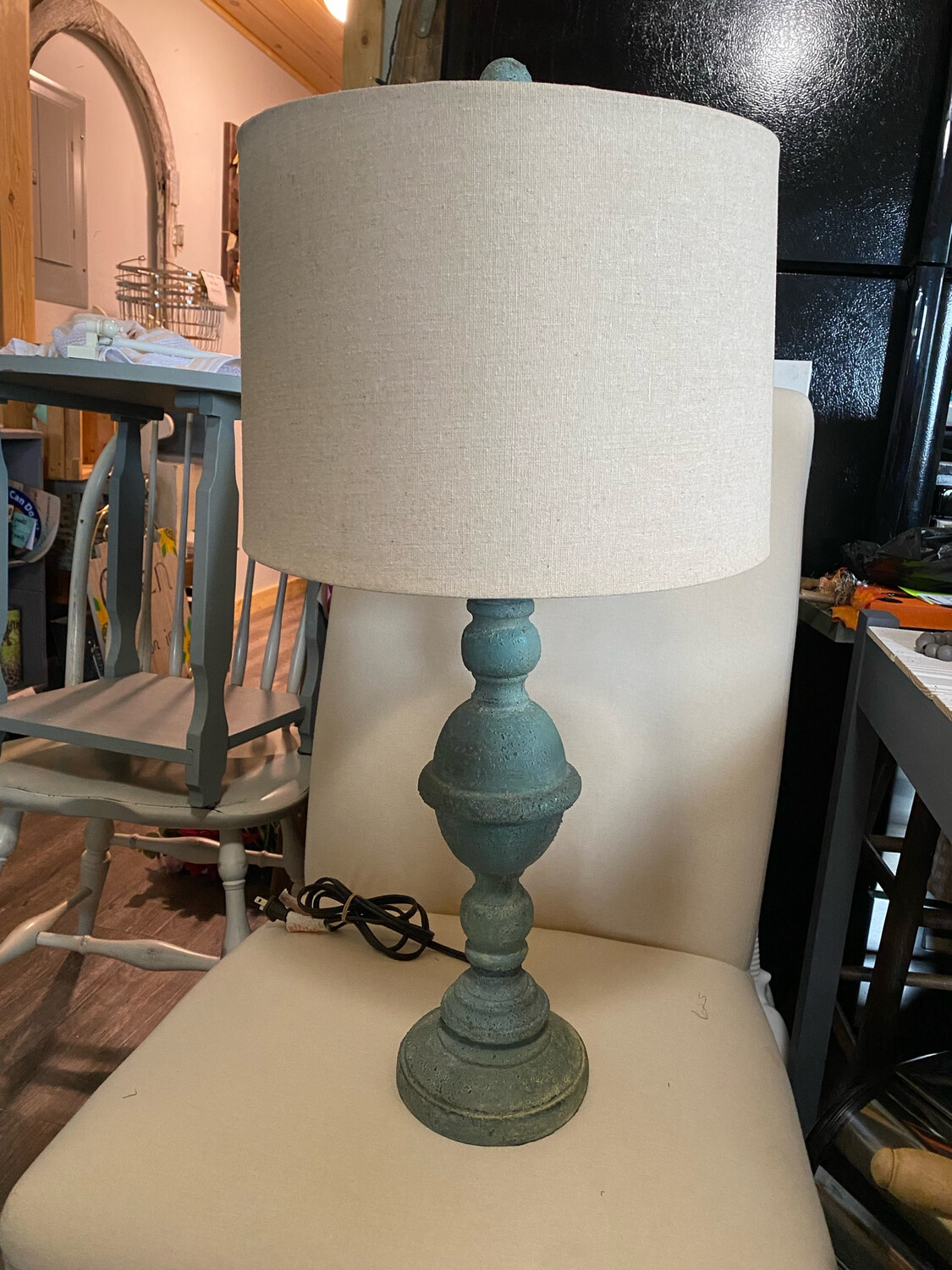 Green Lamp With Burlap Shade