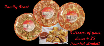 Family Feast-3 Pizzas, 25 Toasted Ravioli with 8 oz Sauce