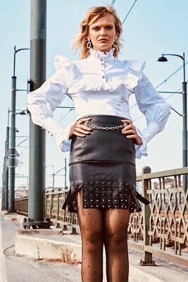Leather skirt.
