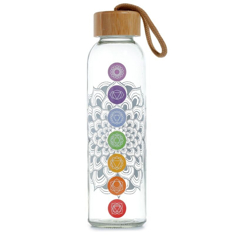Chakra Glaswasserflasche mit Bambusdeckel 500 ml Chakra Glaswasserflasche mit Bambusdeckel 500 ml