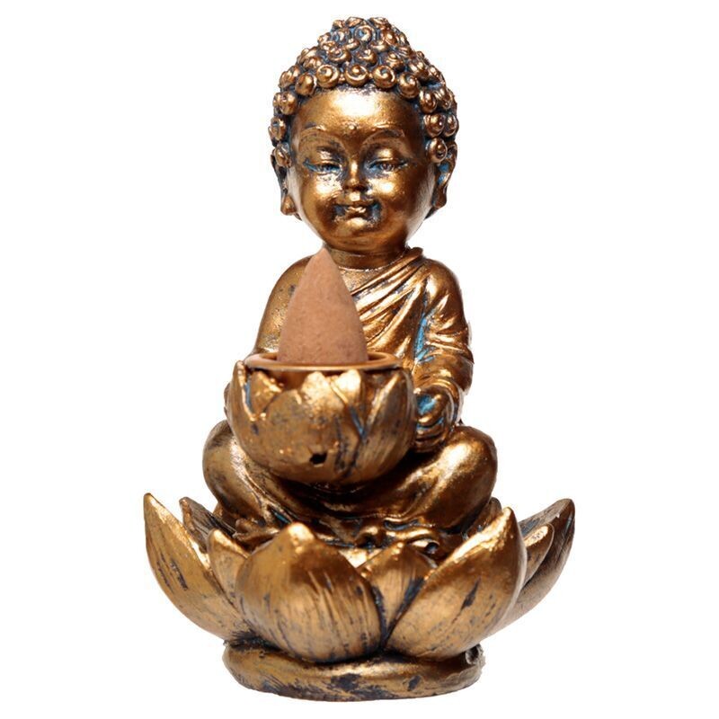 ​Kleiner Buddha und Lotus Räucherkegelhalter Gold