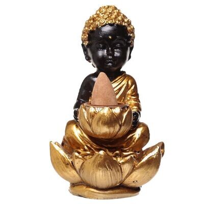 ​Kleiner Buddha und Lotus Räucherkegelhalter Gold/Braun
