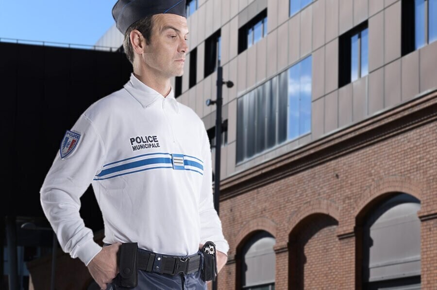 Polo jacquard police municipale manches longues blanc EUROPA KIMACHE