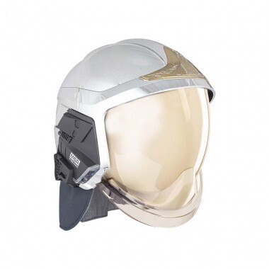 Casque F1XF métallisé, écran facial doré, écran oculaire transparent, intérieur cuir, bavolet aramide, support de lampe droit, housse de transport, plaque attribut or sapeurs-pompiers MSA