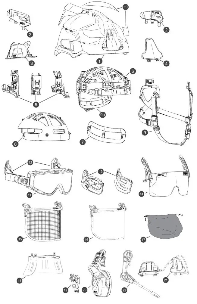 Casque sapeurs-pompiers F2XR jaune fluo MSA - Avec masque responder, signalisation grise SP et support de lampe