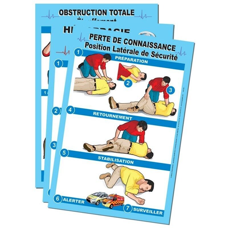 Affiches de sensibilisation premiers secours : LOT DE 9 AFFICHES DE 1ERS SECOURS SIMPLIFIEES