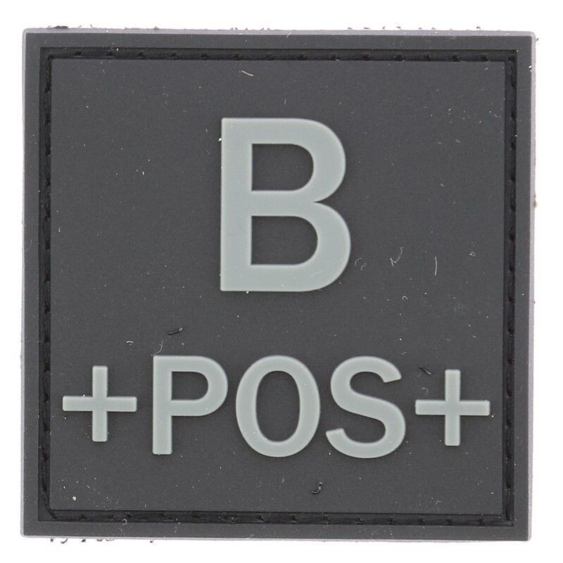 grade / écusson PVC groupe sanguin B+POS+ gris sur noir