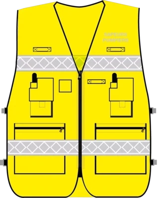 Gilet d'intervention sapeurs-pompiers haute visibilité multipoches jaune fluo bandes microprismes grise CODUPAL