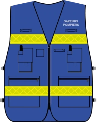 Gilet d'intervention / d'identification sapeurs-pompiers  multipoches bleu bandes microprismes jaune CODUPAL