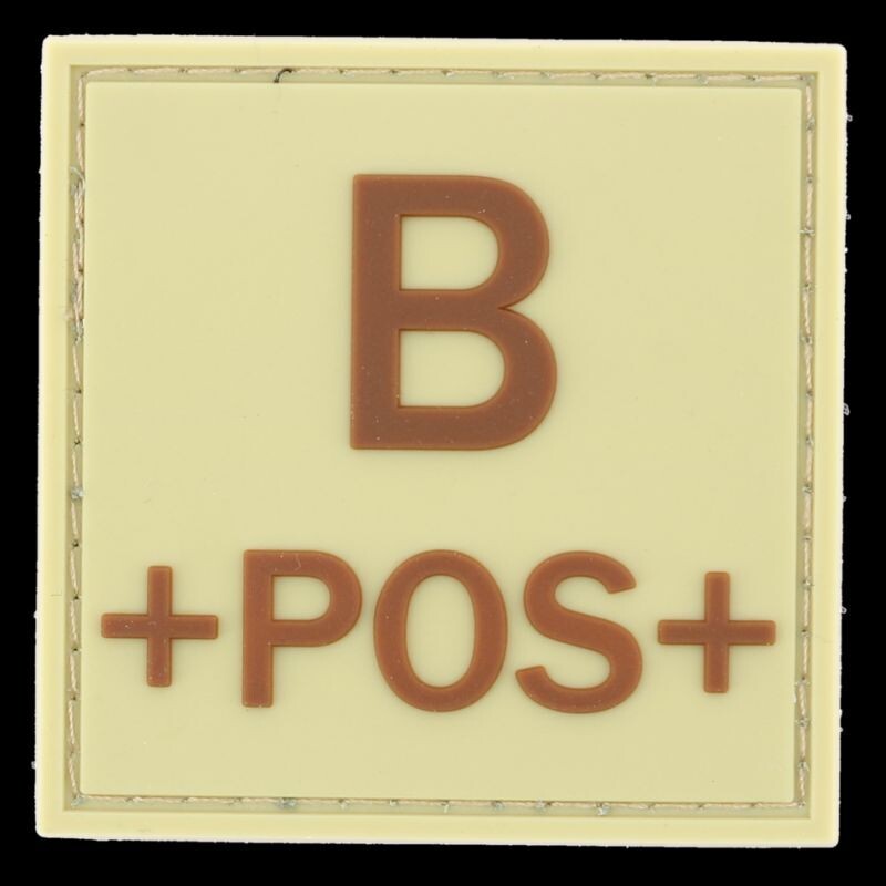 grade / écusson PVC groupe sanguin B+POS+ marron sur beige
