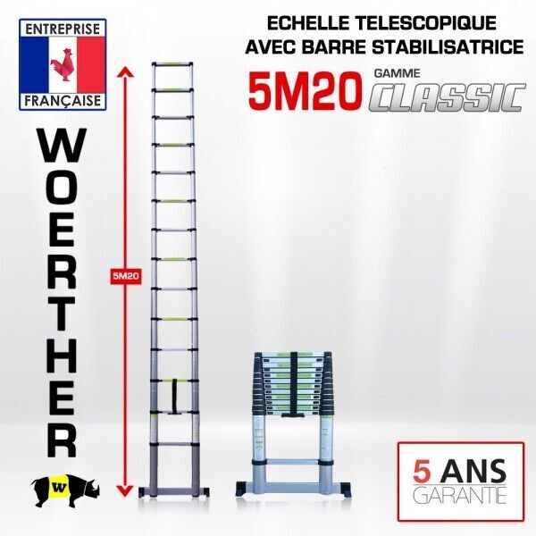 Echelle télescopique 5m20 avec barre stabilisatrice classic WOERTHER
