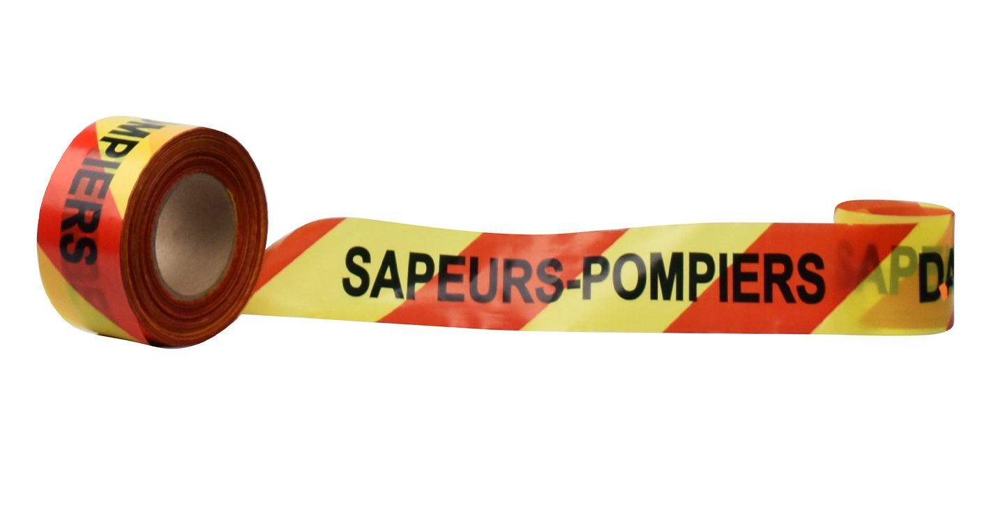 Rouleau de rubalise / ruban de signalisation chevrons jaune / rouge avec texte SAPEURS POMPIERS DANGER 250m x 75mm