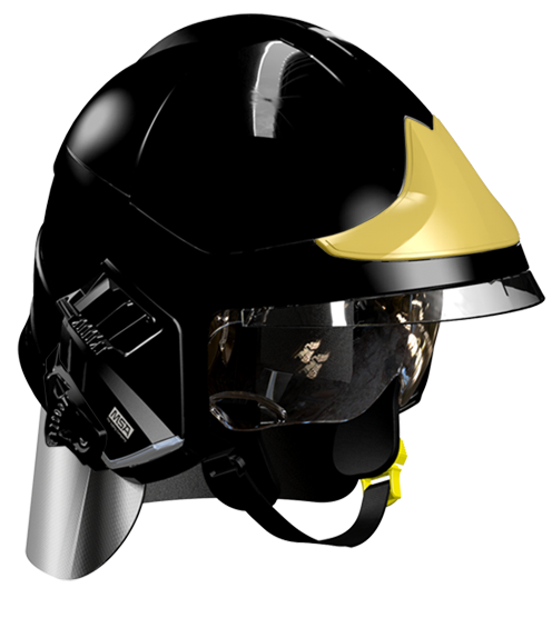 Casque F1XF noir, écran facial doré, écran oculaire transparent, intérieur cuir, bavolet aluminisé, support de lampe droit, housse de transport, plaque attribut or sapeurs-pompiers MSA