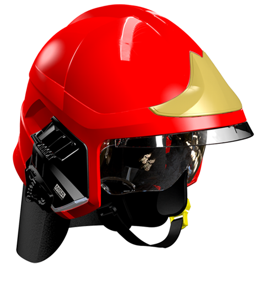 Casque F1XF rouge, écran facial doré, écran oculaire transparent, intérieur cuir, bavolet aramide, support de lampe droit, housse de transport, plaque attribut or sapeurs-pompiers MSA