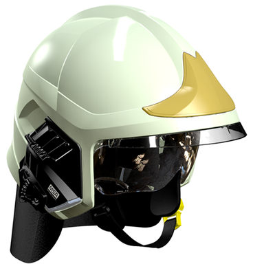 Casque F1XF photoluminescent, écran facial doré, écran oculaire transparent, intérieur cuir, bavolet aramide, support de lampe droit, housse de transport, plaque attribut or sapeurs-pompiers MSA