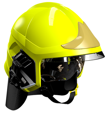 Casque F1XF jaune fluo, écran facial doré, écran oculaire transparent, intérieur cuir, bavolet aramide, support de lampe droit, housse de transport, plaque attribut or sapeurs-pompiers MSA