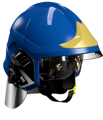 Casque F1XF bleu, écran facial doré, écran oculaire transparent, intérieur cuir, bavolet aluminisé, support de lampe droit, housse de transport, plaque attribut or sapeurs-pompiers MSA