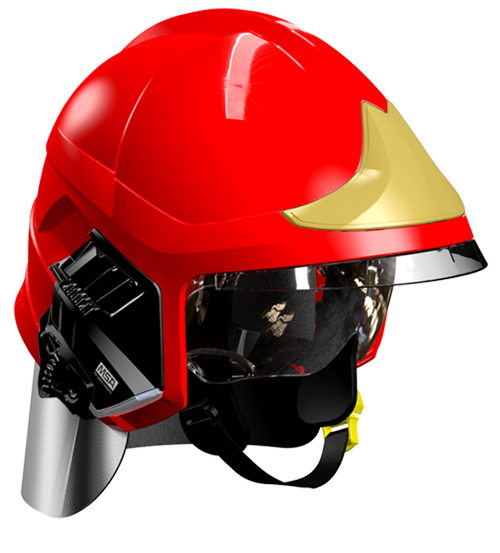 Casque F1XF rouge, écran facial doré, écran oculaire transparent, intérieur cuir, bavolet aluminisé, support de lampe droit, housse de transport, plaque attribut or sapeurs-pompiers MSA