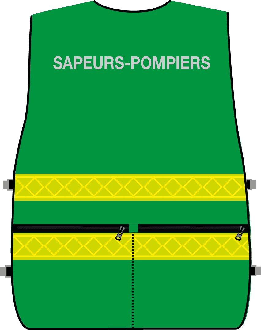 Gilet d'intervention / d'identification sapeurs-pompiers  multipoches vert bandes microprismes jaune CODUPAL