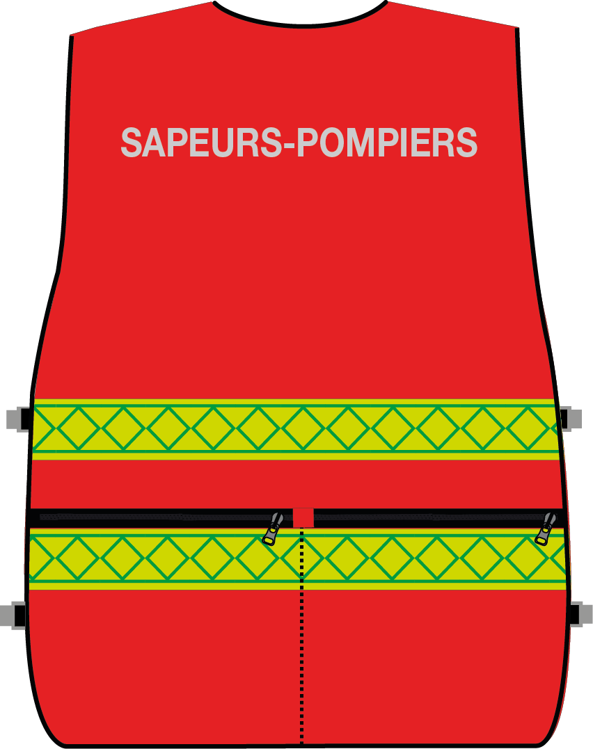 Gilet d'intervention sapeurs-pompiers haute visibilité multipoches rouge bandes microprismes jaune CODUPAL