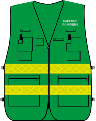 Gilet d'intervention / d'identification sapeurs-pompiers  multipoches vert bandes microprismes jaune CODUPAL