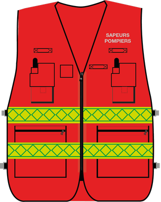 Gilet d'intervention sapeurs-pompiers haute visibilité multipoches rouge bandes microprismes jaune CODUPAL