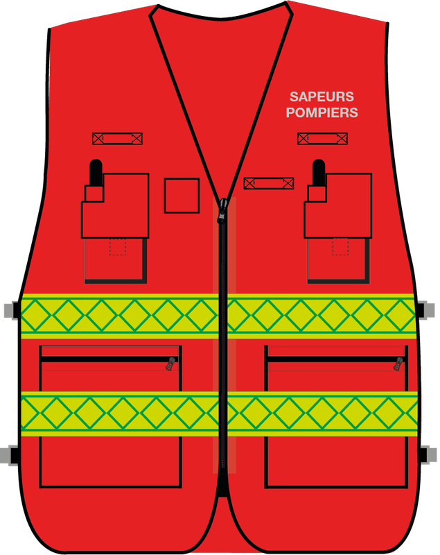 Gilet d'intervention sapeurs-pompiers haute visibilité multipoches rouge bandes microprismes jaune CODUPAL