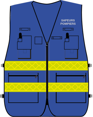 Gilet d'intervention / d'identification sapeurs-pompiers  multipoches bleu bandes microprismes jaune CODUPAL