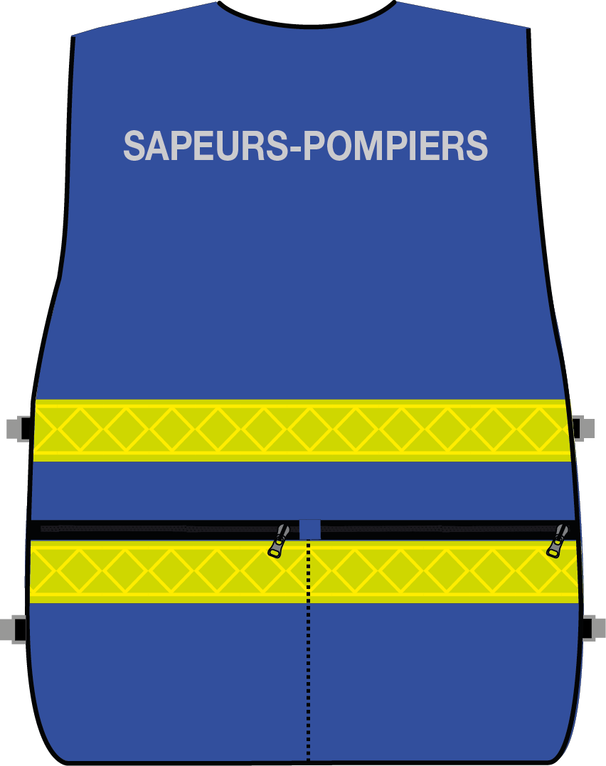 Gilet d'intervention / d'identification sapeurs-pompiers  multipoches bleu bandes microprismes jaune CODUPAL