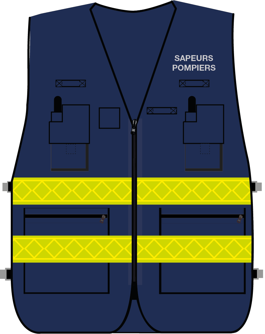 Gilet d'intervention / d'identification sapeurs-pompiers  multipoches bleu marine bandes microprismes jaune CODUPAL
