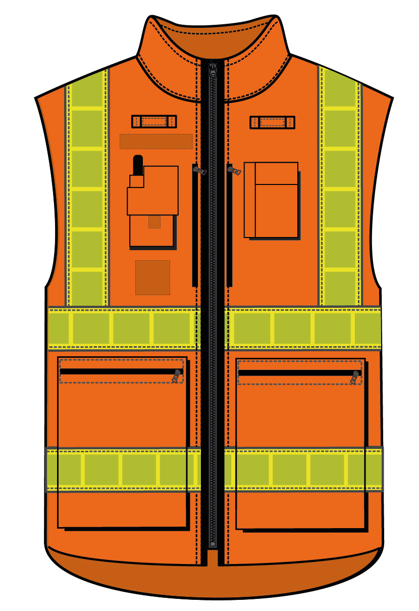 Gilet haute visibilité multipoches orange bandes microprismes jaune CODUPAL