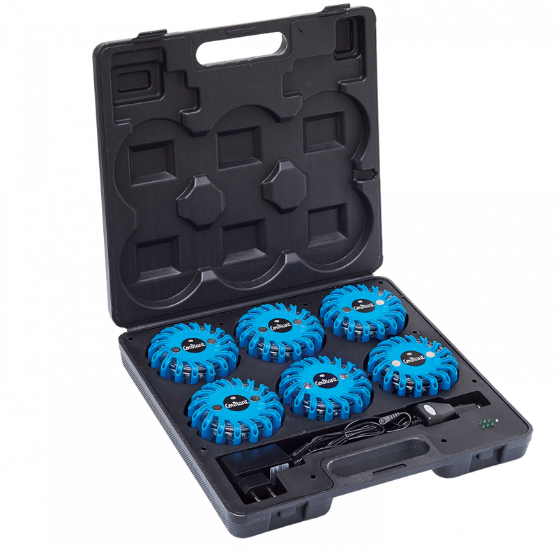 Malette de 6 balises de signalisation led bleues magnétique et rechargeable FLASH CODE COURANT