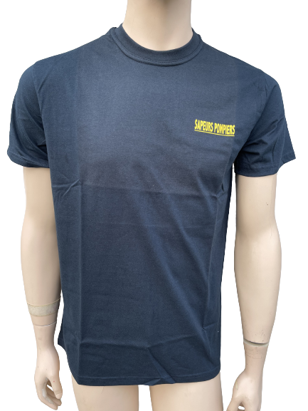 T-shirt 100% coton bleu marine sérigraphie jaune SAPEURS-POMPIERS dos et cœur BG-SAFETY - DESTOCKAGE