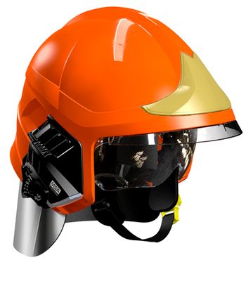 Casque F1XF orange fluo, écran facial doré, écran oculaire transparent, intérieur cuir, bavolet aluminisé, support de lampe droit, housse de transport, plaque attribut or sapeurs-pompiers MSA Casque F1XF orange fluo, écran facial doré, écran oculaire transparent, intérieur cuir, bavolet aluminisé, support de lampe droit, housse de transport, plaque attribut or sapeurs-pompiers MSA