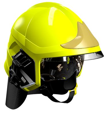 Casque F1XF jaune fluo, écran facial doré, écran oculaire transparent, intérieur cuir, bavolet aramide, support de lampe droit, housse de transport, plaque attribut or sapeurs-pompiers MSA Casque F1XF jaune fluo, écran facial doré, écran oculaire transparent, intérieur cuir, bavolet aramide, support de lampe droit, housse de transport, plaque attribut or sapeurs-pompiers MSA