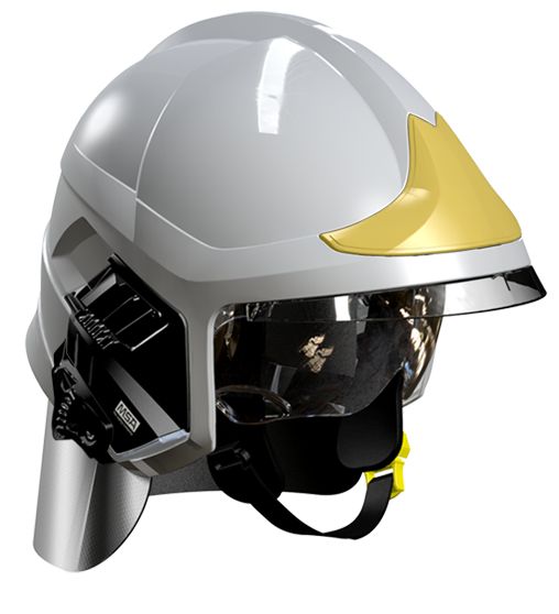 Casque F1XF gris, écran facial doré, écran oculaire transparent, intérieur cuir, bavolet aluminisé, support de lampe droit, housse de transport, plaque attribut or sapeurs-pompiers MSA