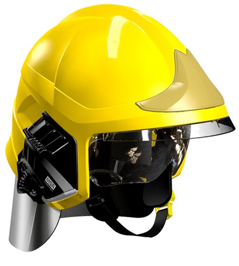 Casque F1XF jaune, écran facial doré, écran oculaire transparent, intérieur cuir, bavolet aluminisé, support de lampe droit, housse de transport, plaque attribut or sapeurs-pompiers MSA