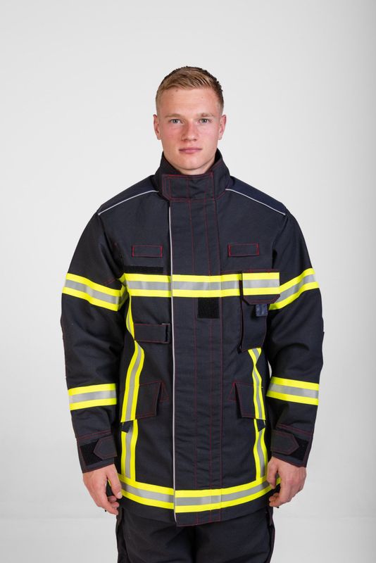 Veste d'intervention textile sapeurs-pompiers niveau 2 courte ALPHA bleu bandes microbilles triple trim MARTINAS