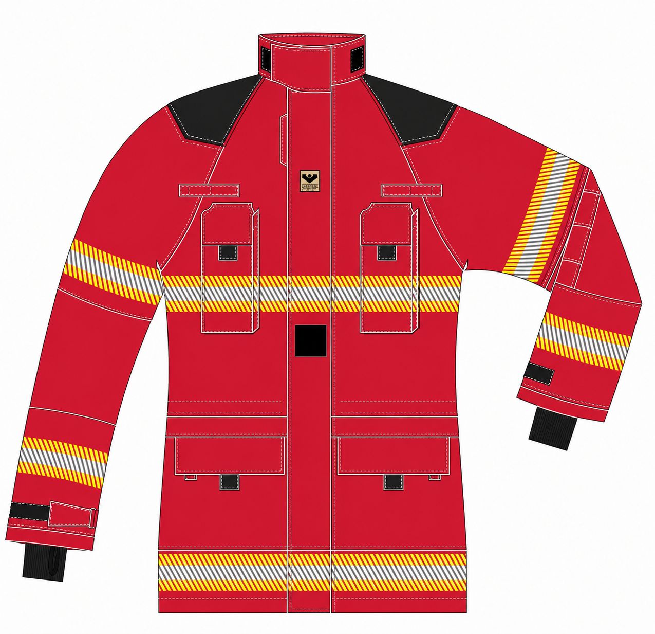 Veste d'intervention textile sapeurs-pompiers niveau 2 rouge bandes triple trim segmentées avec membrane avec poches radio VIKING Veste d'intervention textile sapeurs-pompiers niveau 2 rouge bandes triple trim segmentées avec membrane avec poches radio VIKING
