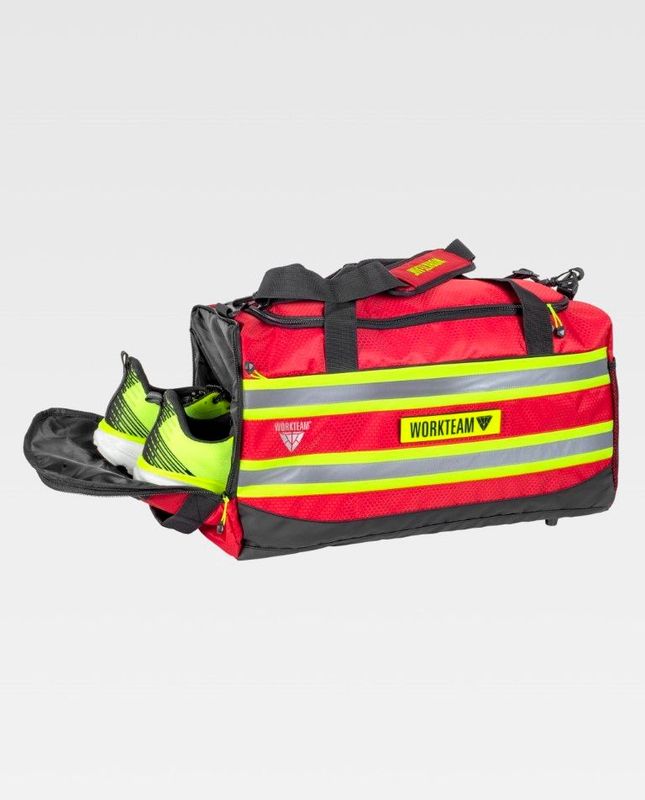 Sac paquetage / de sport sapeurs-pompiers rouge avec bandes réfléchissantes jaune 35L WORKTEAM Sac paquetage / de sport sapeurs-pompiers rouge avec bandes réfléchissantes jaune 35L WORKTEAM
