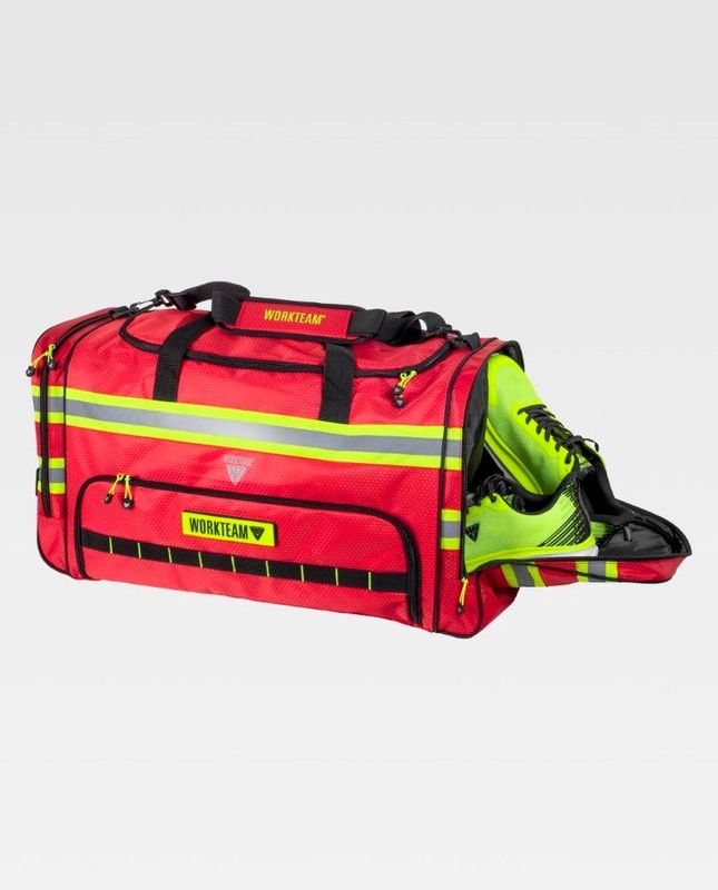 Sac paquetage / de sport sapeurs-pompiers rouge avec bandes réfléchissantes jaune 70L WORKTEAM Sac paquetage / de sport sapeurs-pompiers rouge avec bandes réfléchissantes jaune 70L WORKTEAM