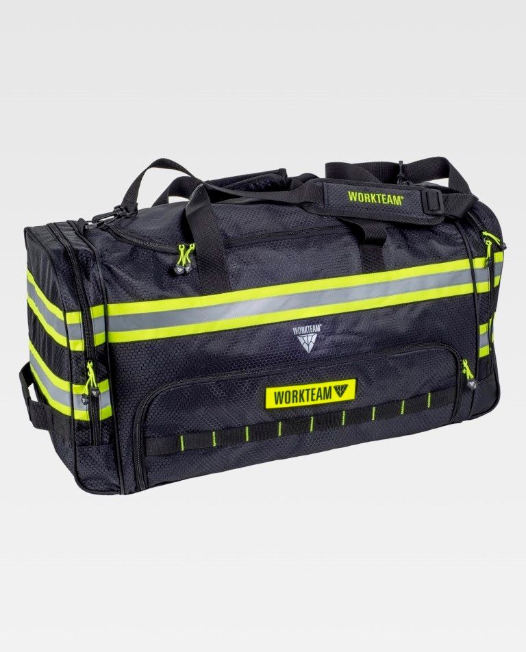 Sac paquetage / de sport sapeurs-pompiers noir avec bandes réfléchissantes jaune 70L WORKTEAM Sac paquetage / de sport sapeurs-pompiers noir avec bandes réfléchissantes jaune 70L WORKTEAM