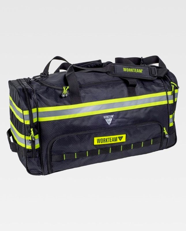 Sac paquetage / de sport sapeurs-pompiers noir avec bandes réfléchissantes jaune 70L WORKTEAM Sac paquetage / de sport sapeurs-pompiers noir avec bandes réfléchissantes jaune 70L WORKTEAM