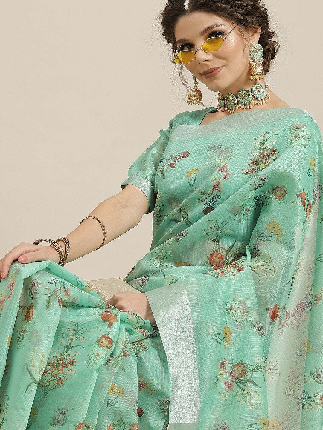 Sea Green Floral Printed Saree