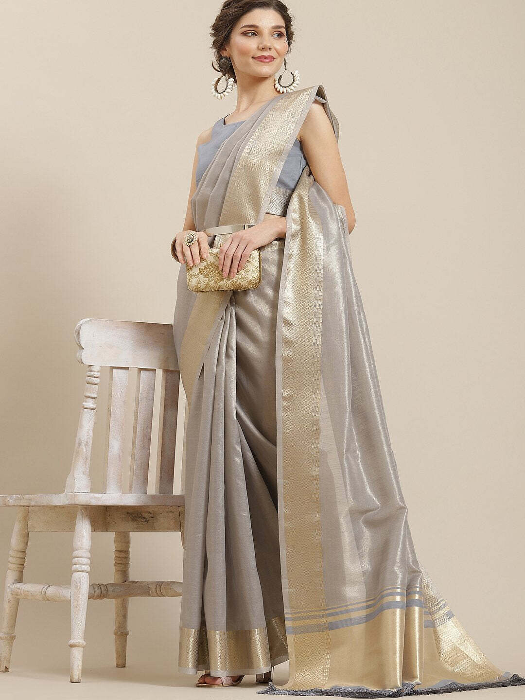 Grey &amp; Gold Zari Work Cotton Organza Blend Saree