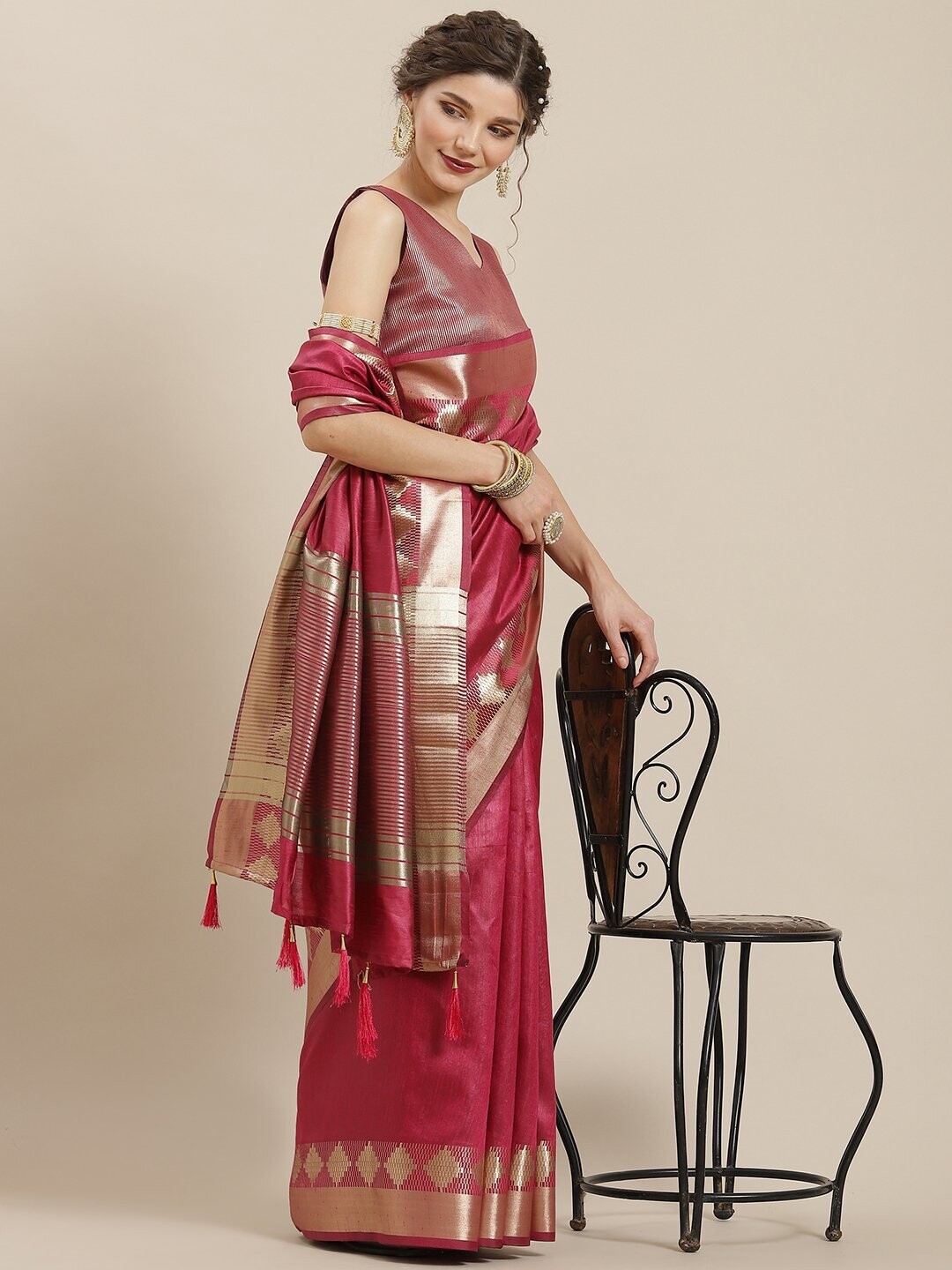 Maroon &amp; Gold Zari Work Bhagalpuri Saree