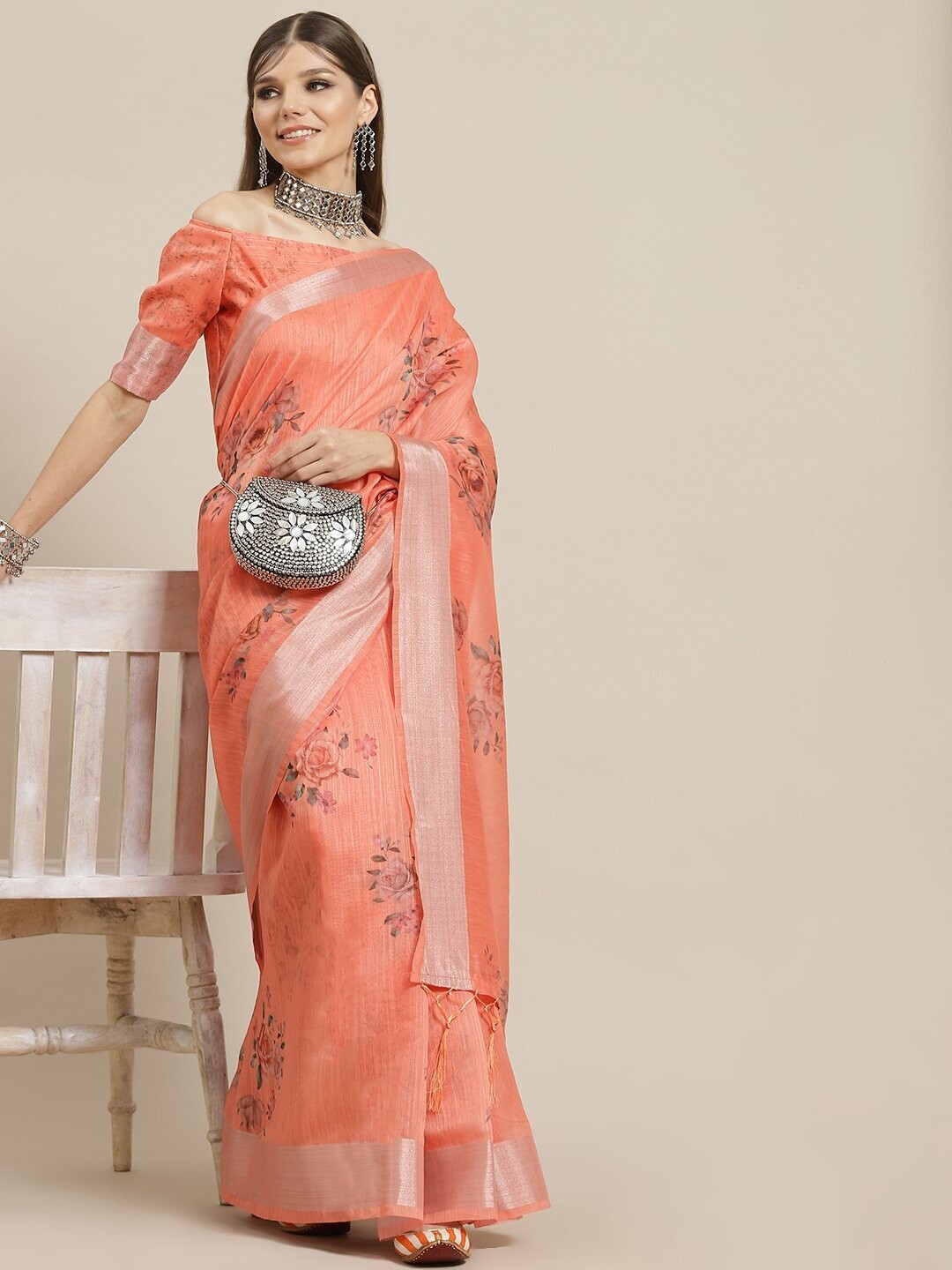 Peach Floral Printed Saree